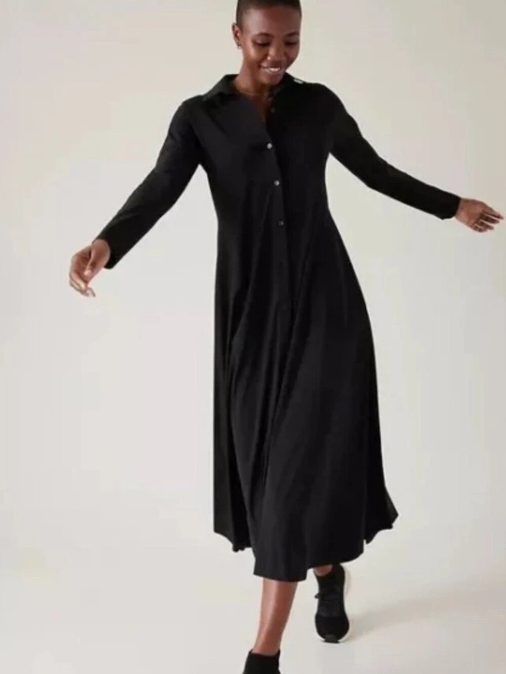 Athleta Cosmic Layer Dress Black Size Small, Long Sleeve, Button Front, Pockets